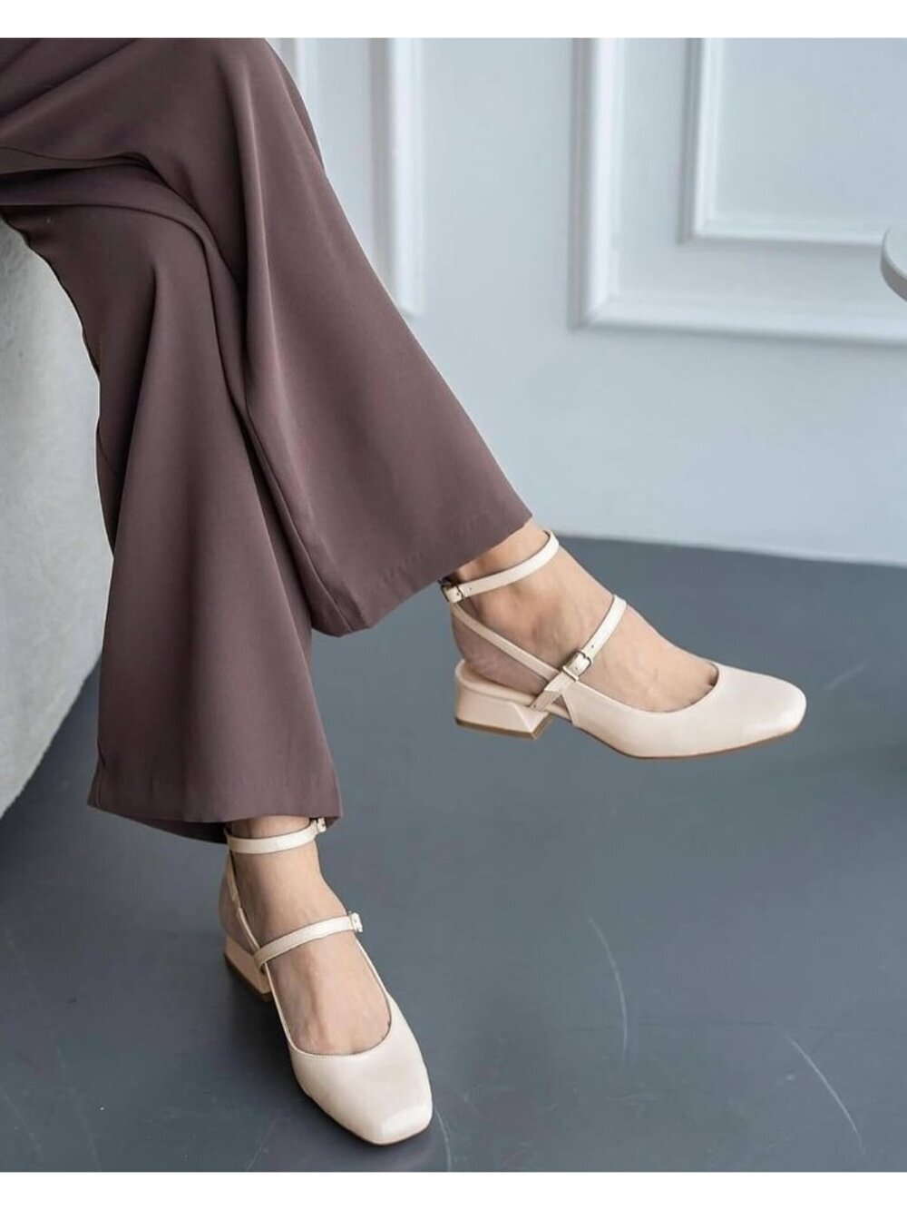 Women's Beige Mary Jane Chunky Low Heel Closed Square Toe Ankle Strap Pump Shoes - Picture 2 of 6